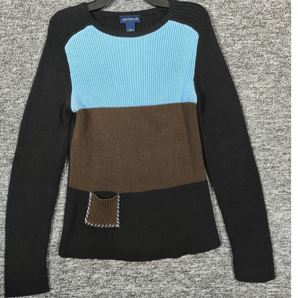 Vintage Ann Taylor Y2K Colorblock Ribbed Cotton Sweater Black Blue Brown Medium